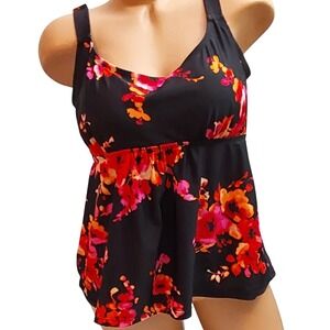 BEACH BELLE swim Tankini Top Black Red Built-In Bra Swimwear Women's Size 16